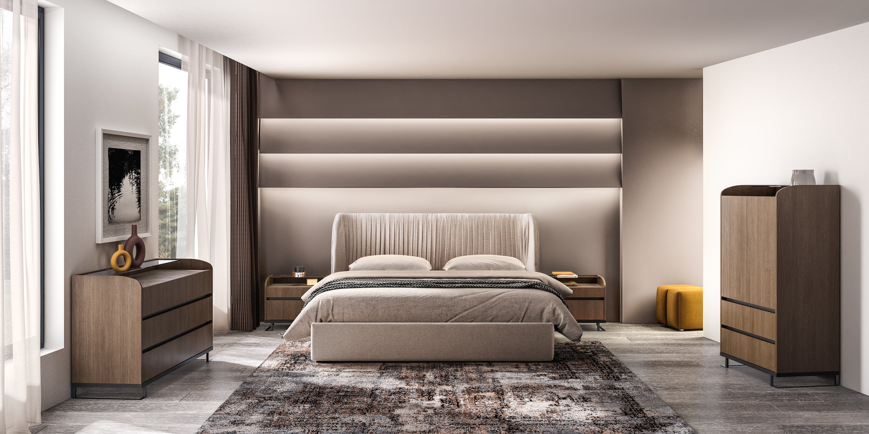 Łóżko włoskie Hexagon z pojemnikiem na pościel i plisowanym zagłówkiem w beżowej tkaninie.