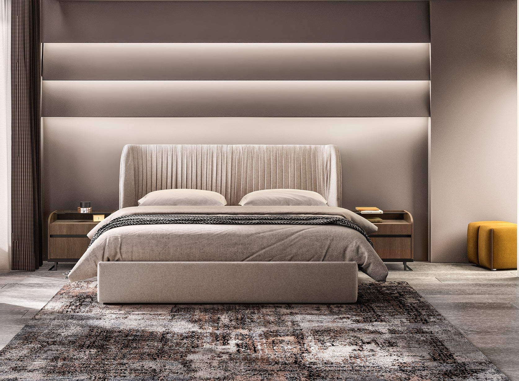 Łóżko włoskie Hexagon z pojemnikiem na pościel i plisowanym zagłówkiem w beżowej tkaninie.