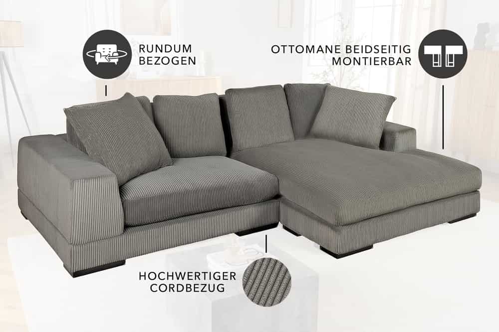 Sofa narożna w nowoczesnym stylu z poduszkami i elastycznym montażem otomany