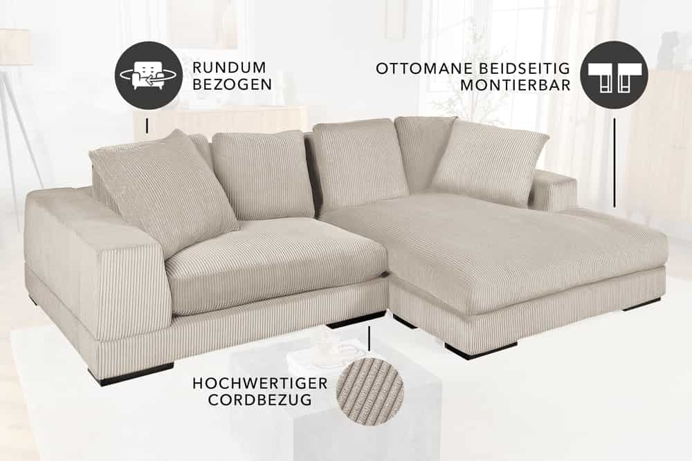 Sofa narożna w nowoczesnym stylu z poduszkami i elastycznym montażem otomany