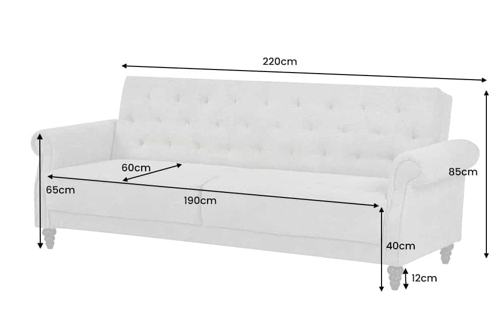 Trzyosobowa sofa w stylu klasycznym z tkaniny boucle, z pikowaniem, drewnianymi nogami i funkcją spania.