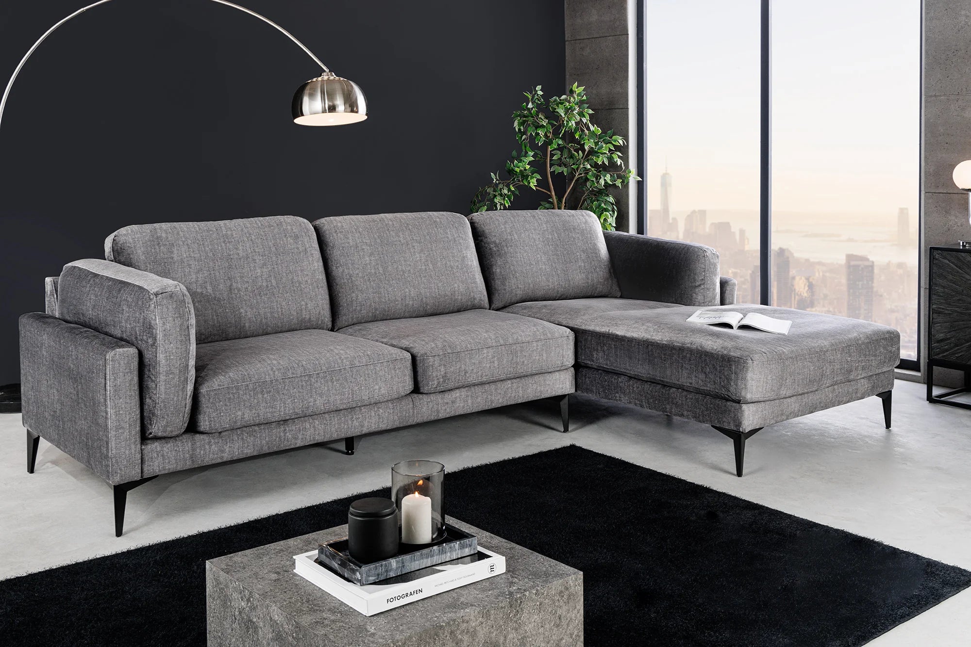 SOFA NAROŻNA MANHATTAN PRAWO STRONNA SZARY AKSAMIT / 44277 / INVICTA INTERIOR - Meblowy Sklep Internetowy Inventio
