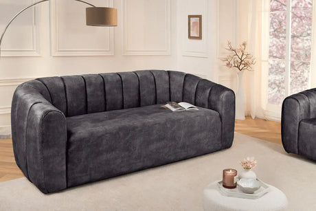 Sofa 3-osobowa z welurową tapicerką i pionowymi przeszyciami – elegancki mebel do nowoczesnego salonu