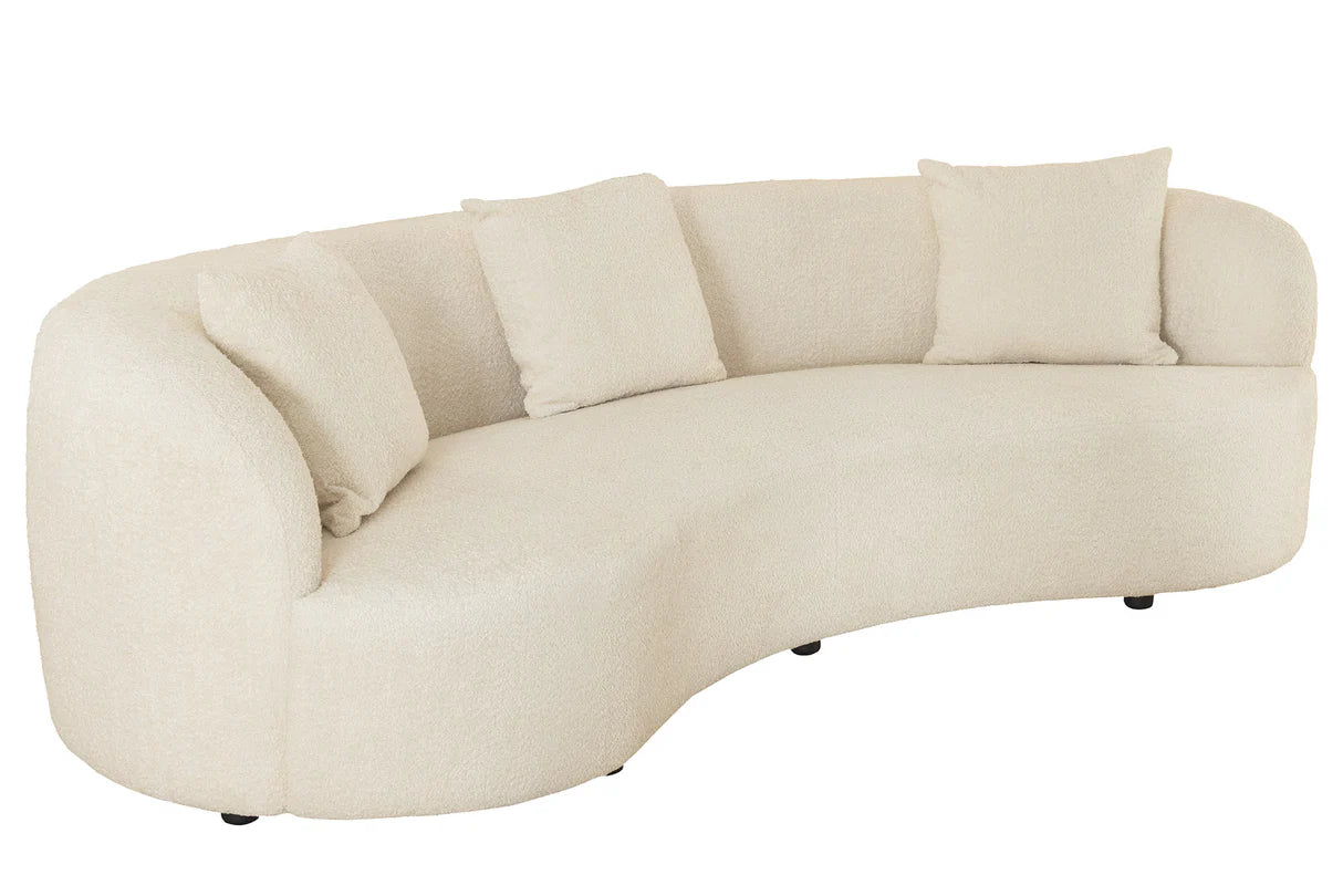 Beżowa sofa z tkaniny bouclé o opływowym kształcie – nowoczesny mebel wypoczynkowy do eleganckiego salonu