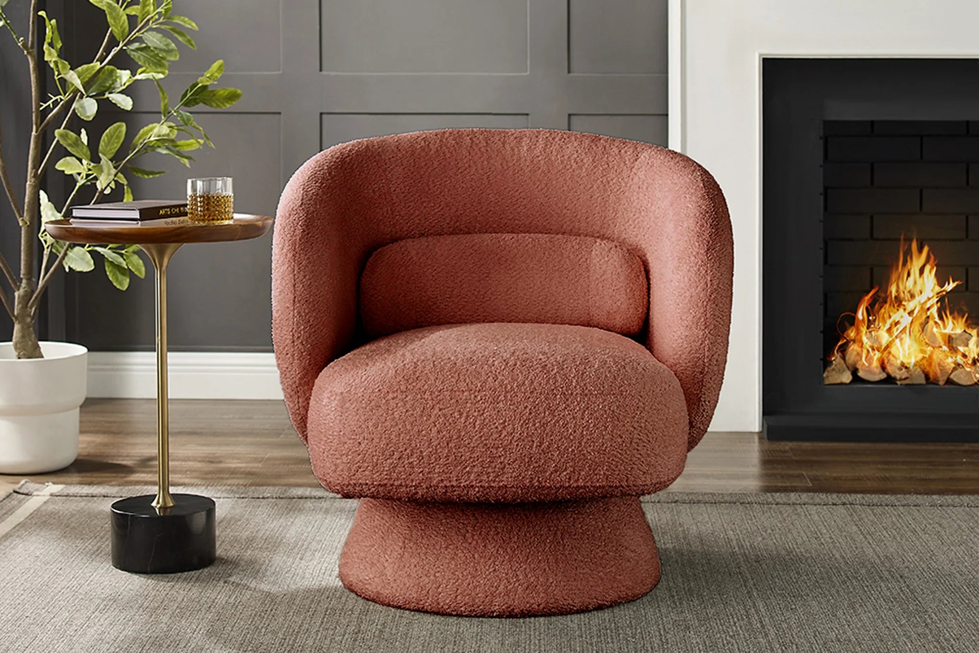 Fotel NOVA w rdzawej tkaninie boucle z funkcją obrotową – nowoczesny design i komfort do salonu