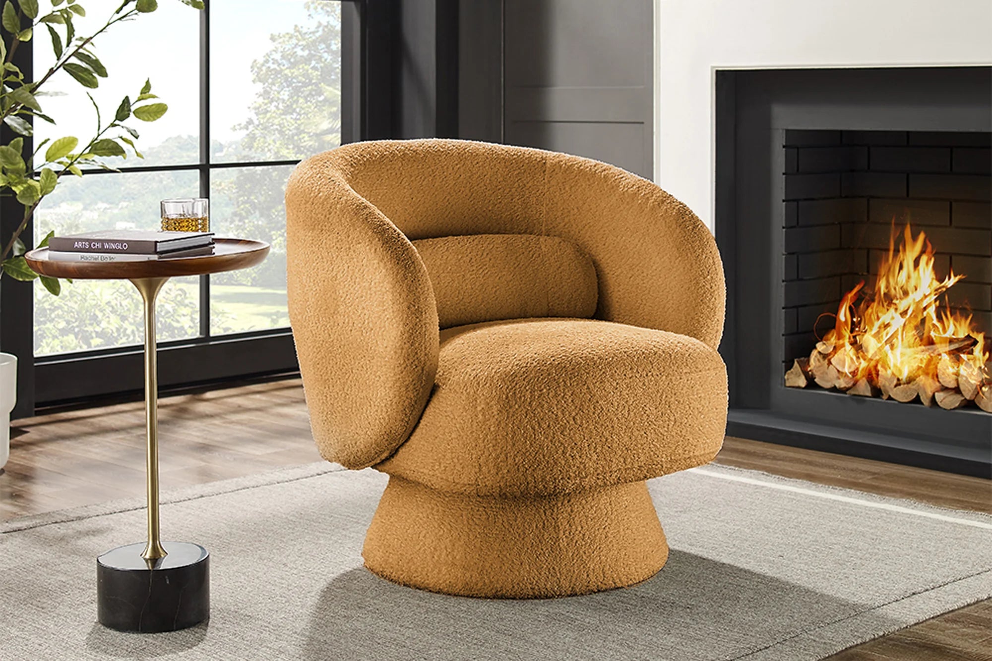 Fotel NOVA w żółtej tkaninie boucle z funkcją obrotową – nowoczesny design i komfort do salonu