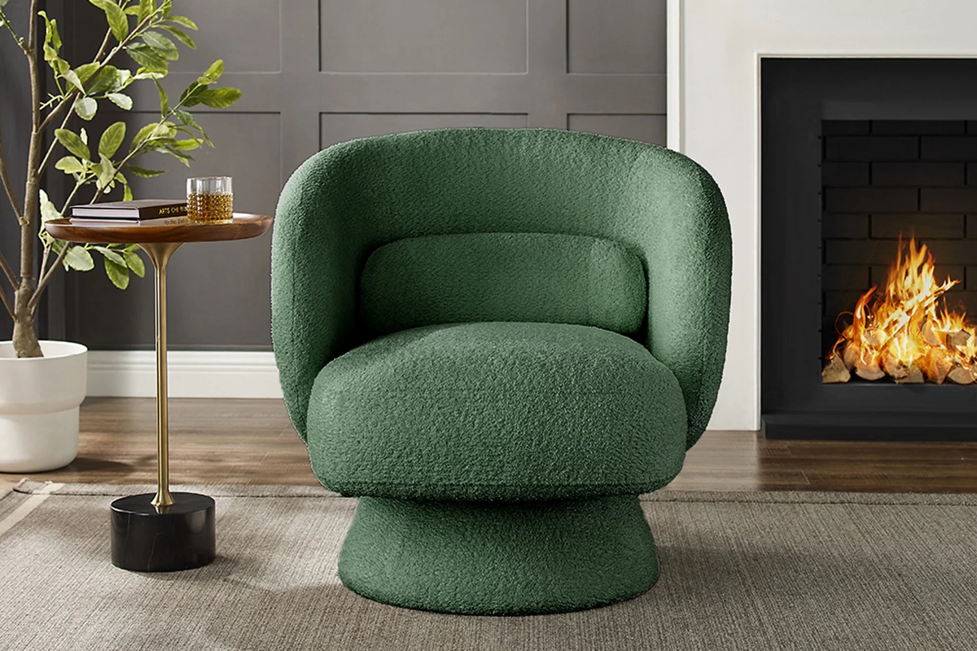 Fotel NOVA w zielonej tkaninie boucle z funkcją obrotową – nowoczesny design i komfort do salonu