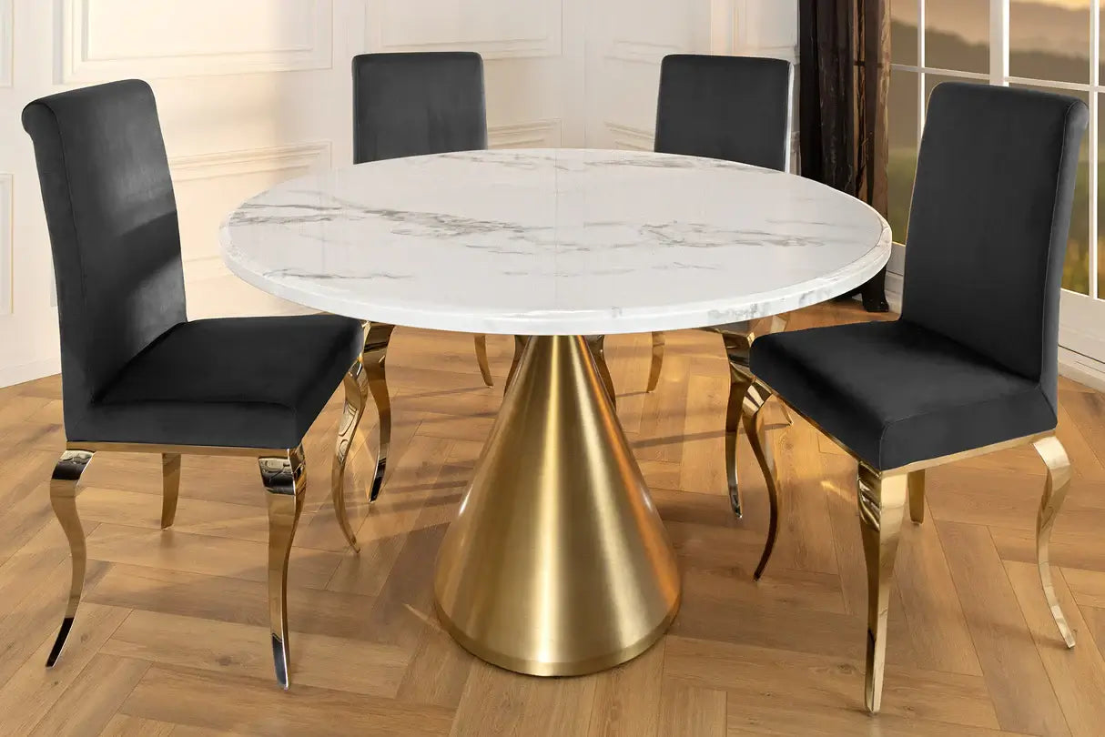 Okrągły stół 130 cm z marmurowym blatem i złotą stożkową podstawą – elegancki mebel glamour