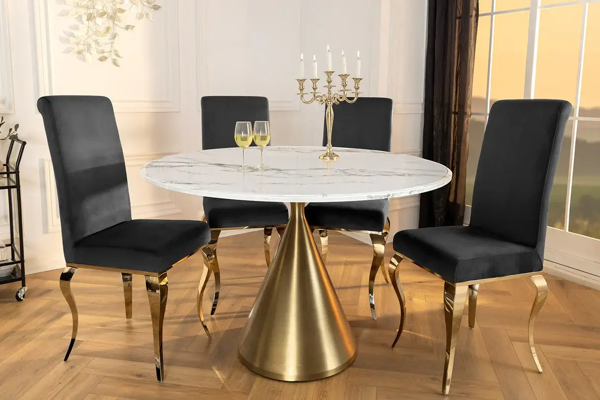 Okrągły stół 130 cm z marmurowym blatem i złotą stożkową podstawą – elegancki mebel glamour