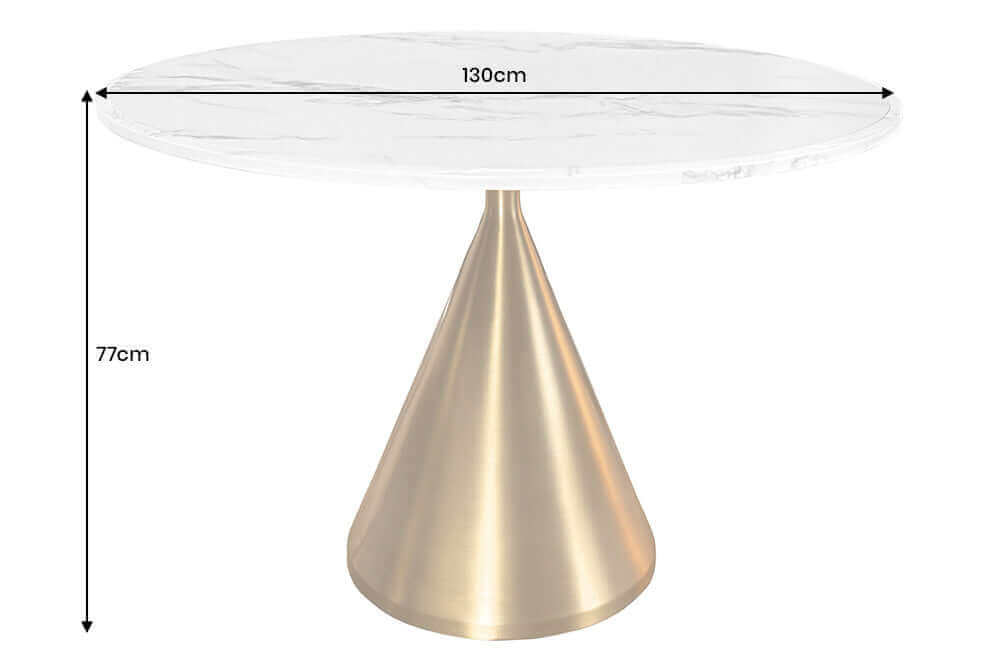 Okrągły stół 130 cm z marmurowym blatem i złotą stożkową podstawą – elegancki mebel glamour