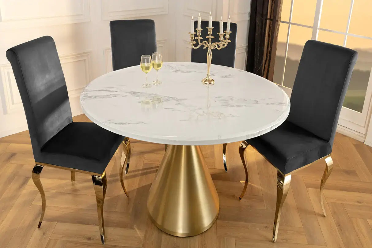 Okrągły stół 130 cm z marmurowym blatem i złotą stożkową podstawą – elegancki mebel glamour