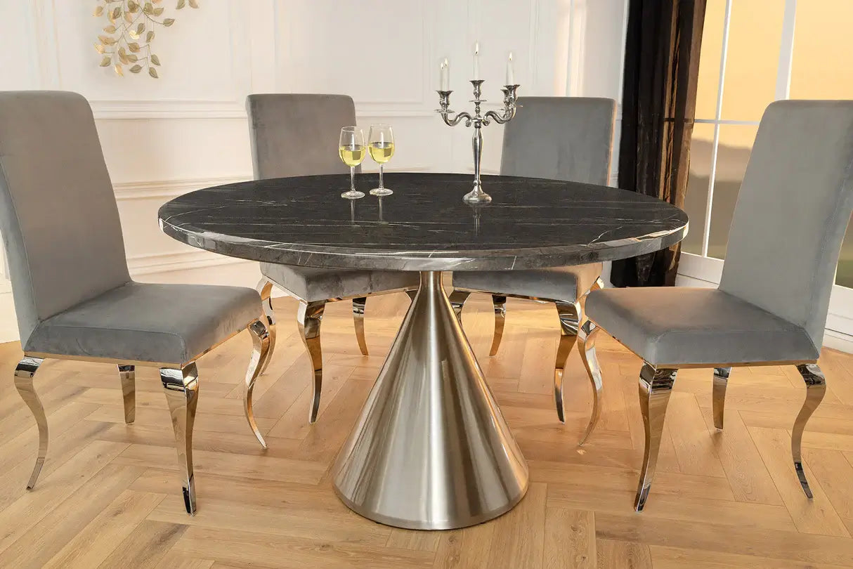 Okrągły stół 130 cm z marmurowym blatem i chromowaną stożkową podstawą – elegancki mebel glamour