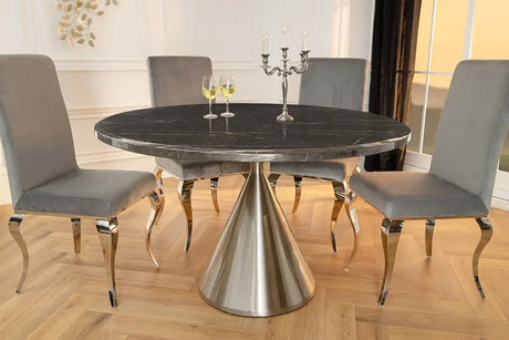 Okrągły stół 130 cm z marmurowym blatem i chromowaną stożkową podstawą – elegancki mebel glamour