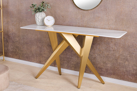 Konsola z białym marmurowym blatem i złotą geometryczną podstawą