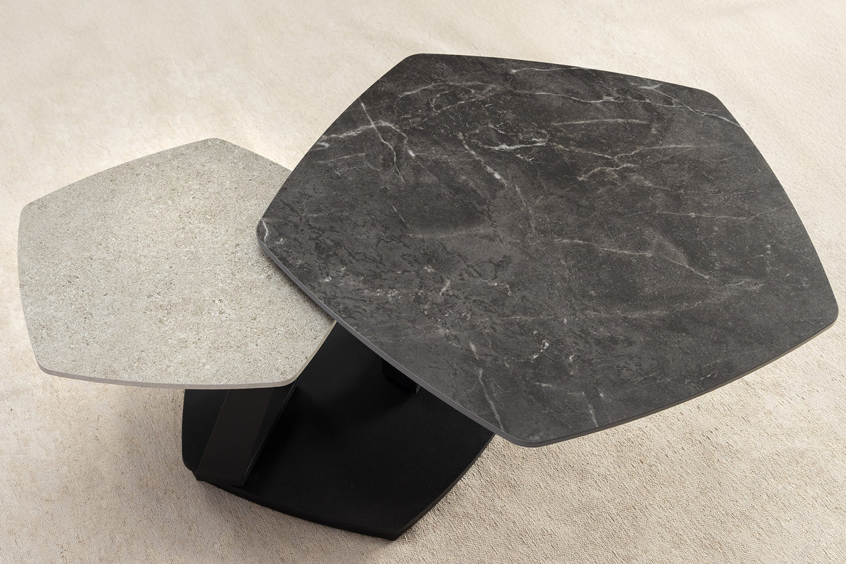 Stolik kawowy z ceramicznym blatem i metalową podstawą, rozkładany i obrotowy, nowoczesny design.