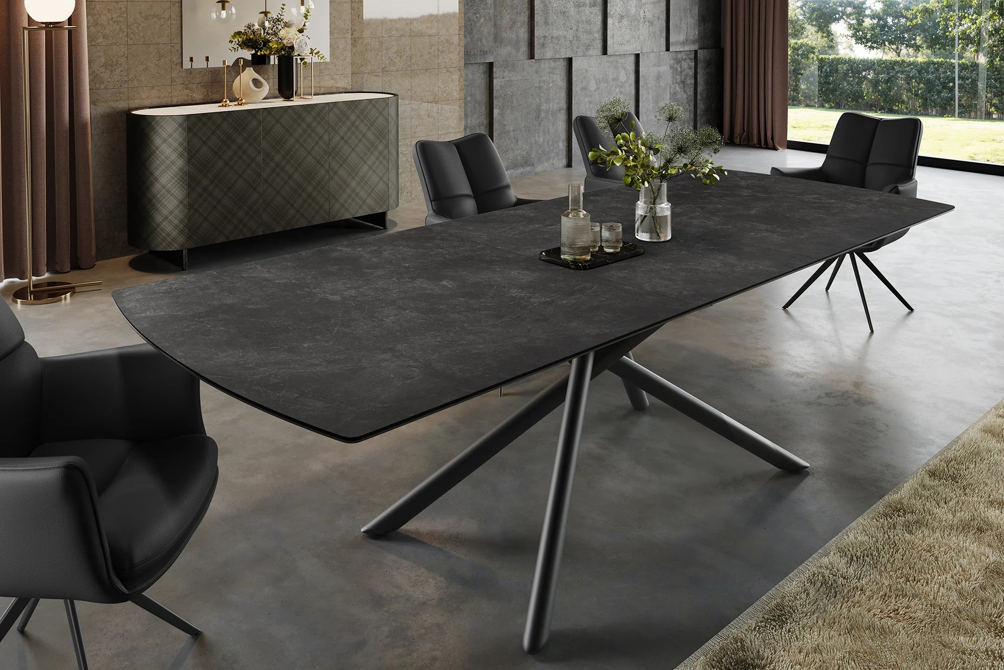 Stół rozkładany z ceramicznym blatem i czarną metalową podstawą – nowoczesny design