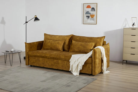 Rozkładana sofa w musztardowym aksamicie – nowoczesna i wygodna do salonu