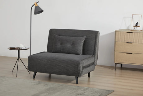 Rozkładany fotel tapicerowany sztruksem w kolorze szarym na czarnych nóżkach do salonu, sypialni