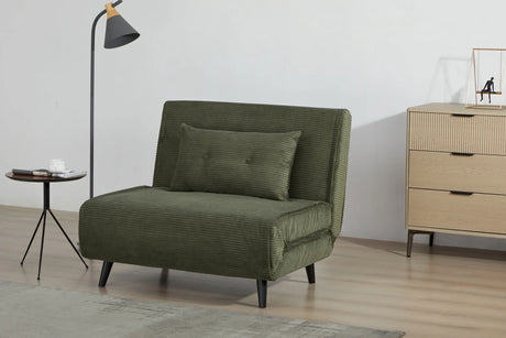 Rozkładany fotel tapicerowany sztruksem w kolorze zielonym na czarnych nóżkach do salonu, sypialni