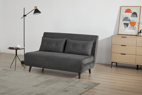 Rozkładany fotel tapicerowany sztruksem w kolorze szarym na czarnych nóżkach do salonu, sypialni