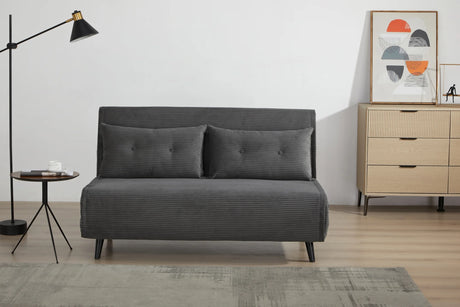 Rozkładany fotel tapicerowany sztruksem w kolorze szarym na czarnych nóżkach do salonu, sypialni