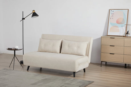 Rozkładany fotel tapicerowany sztruksem w kolorze beżowym na czarnych nóżkach do salonu, sypialni