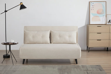 Rozkładany fotel tapicerowany sztruksem w kolorze beżowym na czarnych nóżkach do salonu, sypialni