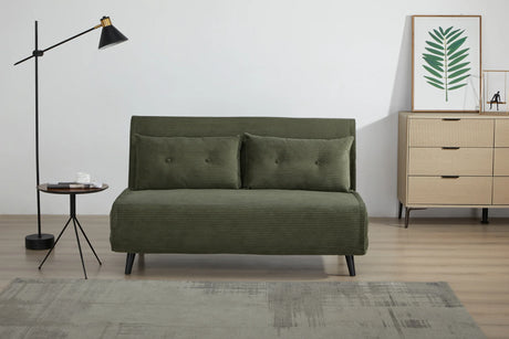 Rozkładany fotel tapicerowany sztruksem w kolorze zielonym na czarnych nóżkach do salonu, sypialni