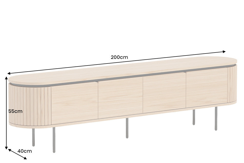 Szafka RTV z MDF, fornir dębowy, czarne metalowe nogi, nowoczesny design.