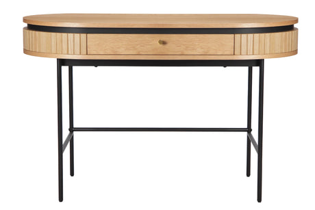 Nowoczesna konsola pokryta fornirem dębowym, czarne metalowe nogi, szuflada