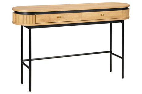 Konsola z fornirem dębowym, czarne metalowe nogi, dwie szuflady.