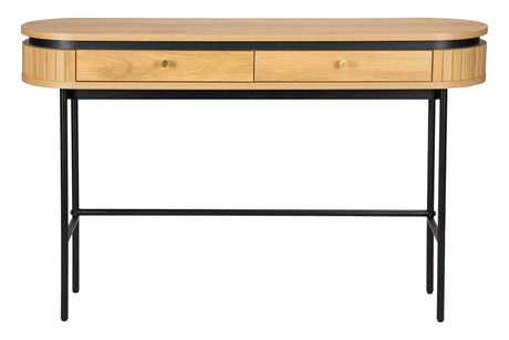 Konsola z fornirem dębowym, czarne metalowe nogi, dwie szuflady.