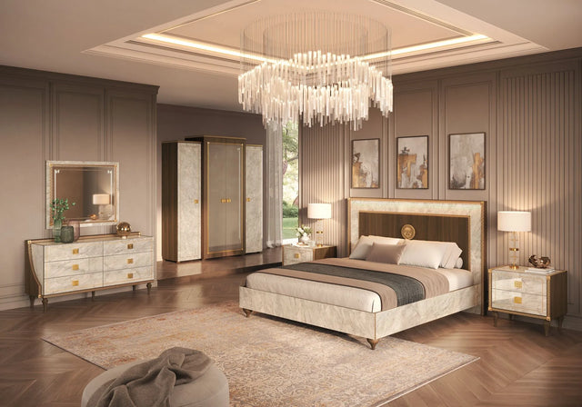 Włoska komoda 6 szufladowa Arredoclassic Romantica w marmurze Carrara i orzechu ze złotymi uchwytami