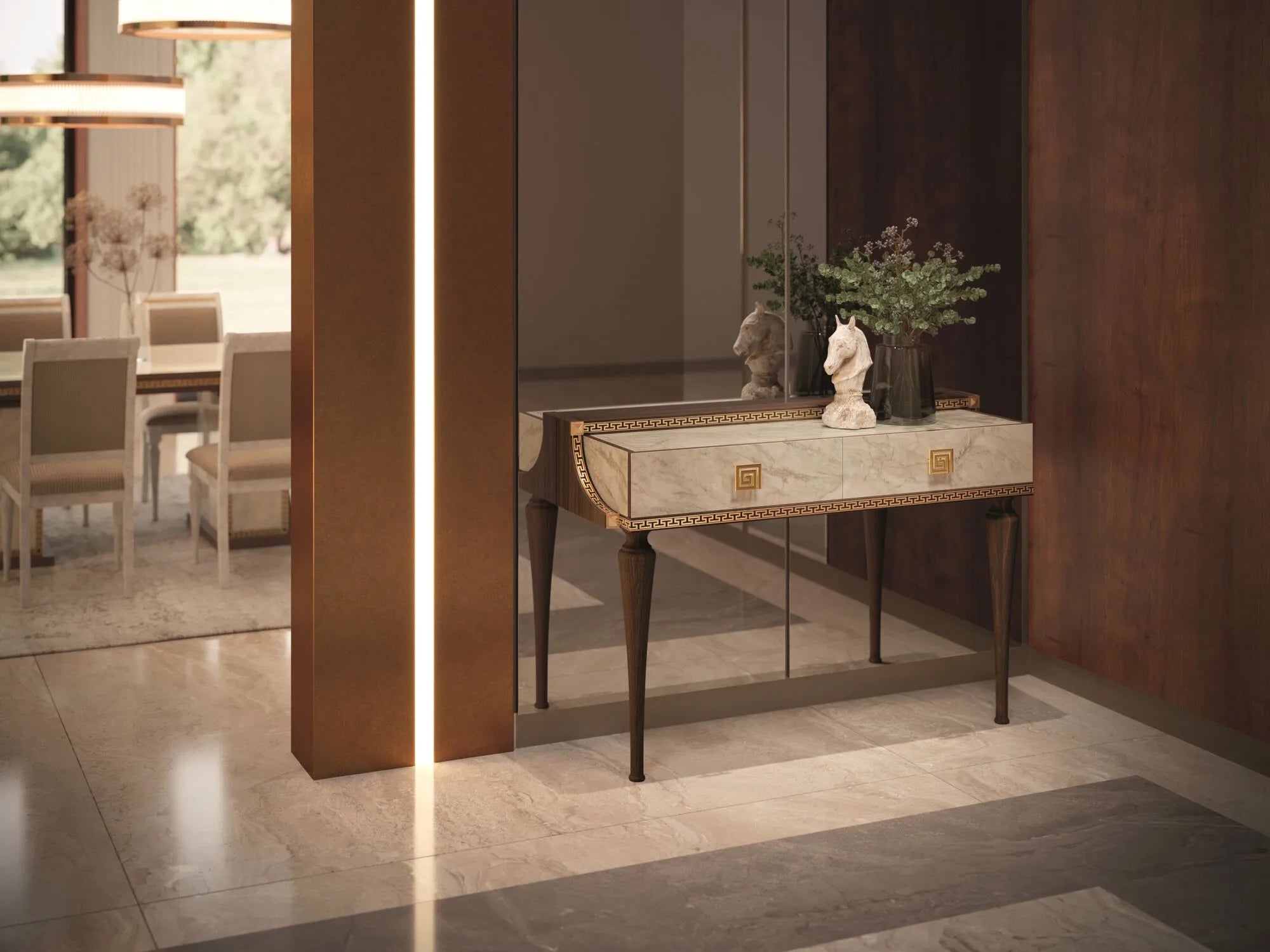 Konsola Arredoclassic Romantica z optyka marmur Carrara i orzech ze złotymi uchwytami