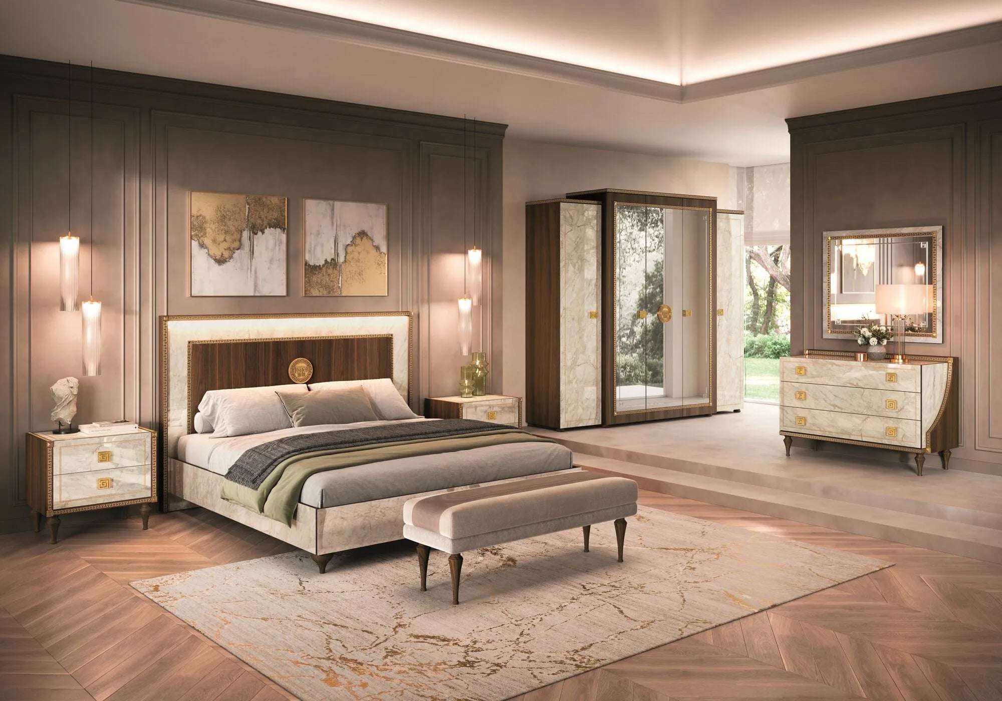 Włoska szafka nocna Arredoclassic Romantica z marmuru Carrara i orzecha, ze złotymi uchwytami i dwiema szufladami