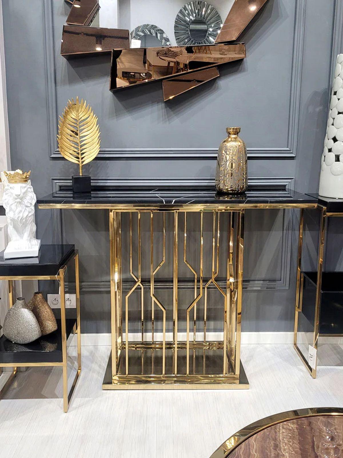 KONSOLA GROSSE LE MANS CZARNY SYNTETYCZNY MARMUROWY BLAT / ZŁOTA PODSTAWA / ART