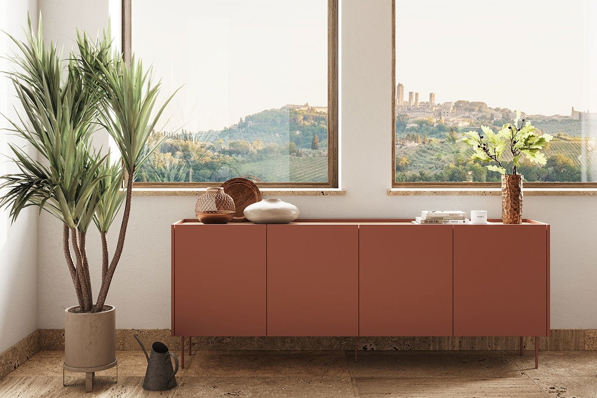 Komoda Desin 220 cm z metalowymi nogami - czerwony / ceramic red / dąb nagano