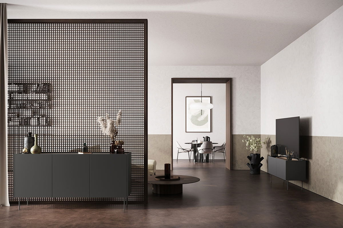 Komoda Desin z 2 ukrytymi szufladami i metalowymi nogami 170 cm - czarny mat / dąb nagano