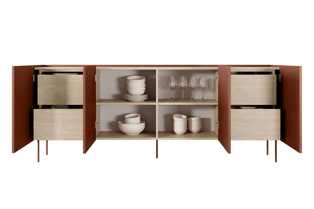 Komoda Desin z 4 ukrytymi szufladami 220 cm - czerwony / ceramic red / dąb nagano