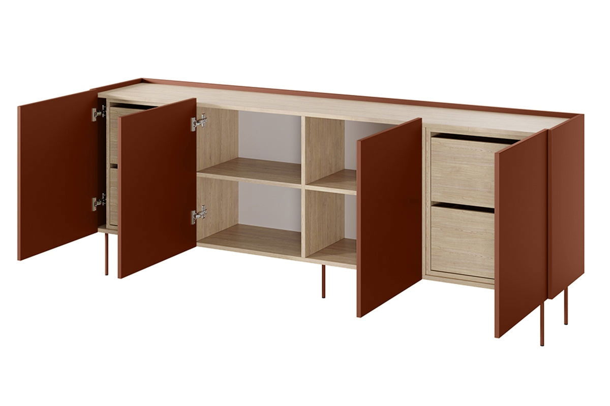 Komoda Desin z 4 ukrytymi szufladami 220 cm - czerwony / ceramic red / dąb nagano
