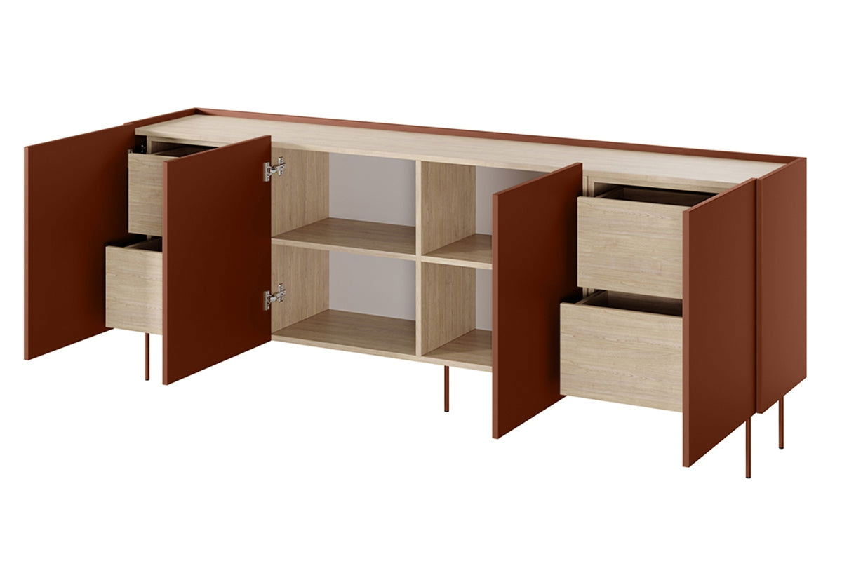 Komoda Desin z 4 ukrytymi szufladami 220 cm - czerwony / ceramic red / dąb nagano