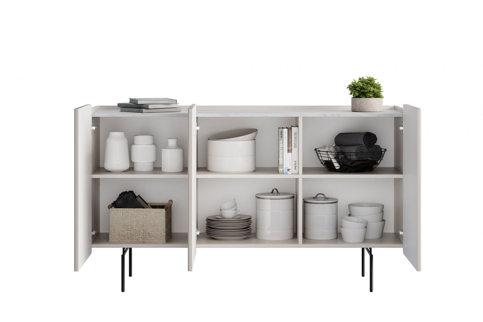 Komoda Malmi 150 cm - kaszmir / crema bianca / czarne nóżki