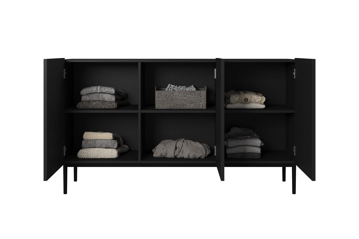 Komoda Nicole 150 cm z ryflowanym frontem i metalowymi nogami - czarny mat / czarne nóżki