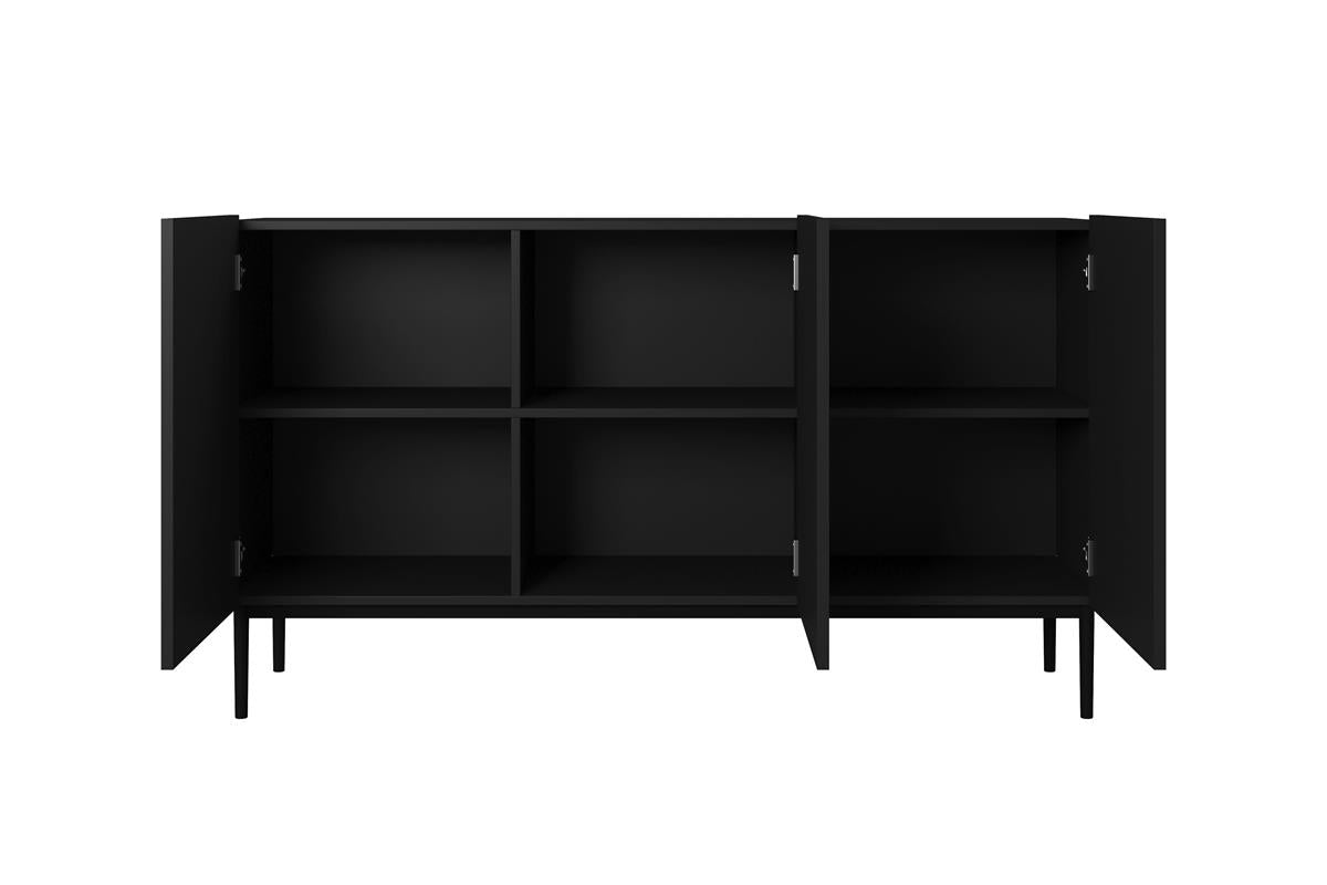 Komoda Nicole 150 cm z ryflowanym frontem i metalowymi nogami - czarny mat / czarne nóżki