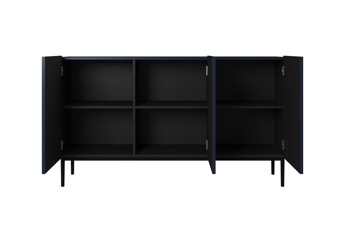 Komoda Nicole 150 cm z ryflowanym frontem i metalowymi nogami - granat / czarne nóżki