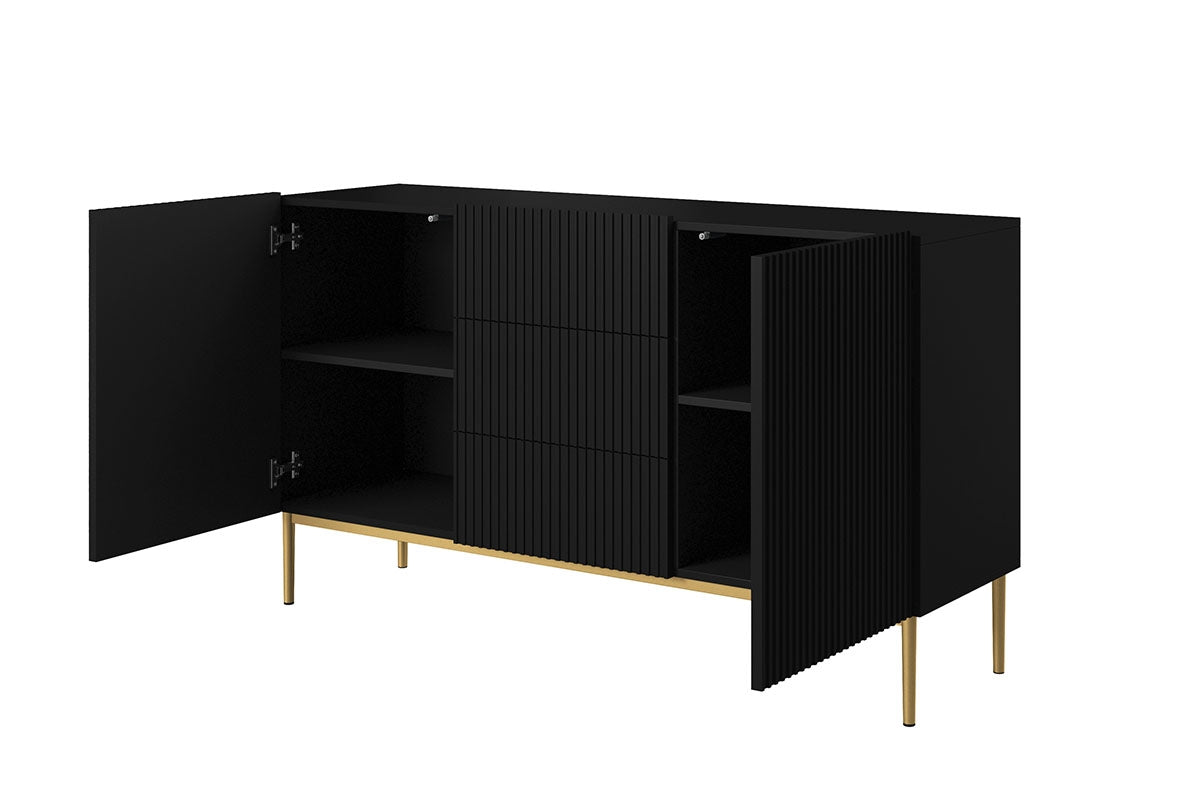Komoda Nicole 150 cm z szufladami i metalowymi nogami - czarny mat / złote nóżki