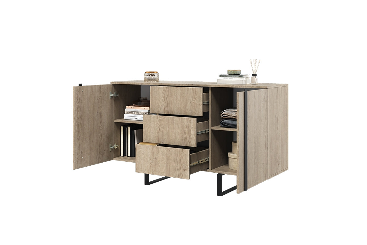 Komoda Verica z trzema szufladami i metalowymi nogami 150 cm - dąb biszkoptowy / czarne nóżki