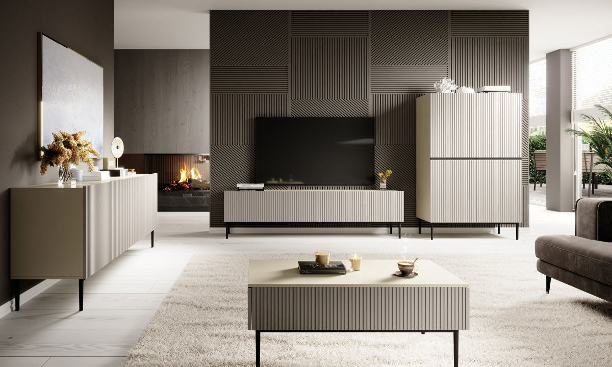 Kredens Nicole z metalowymi uchwytami i nogami 100 cm - kaszmir / czarne nóżki