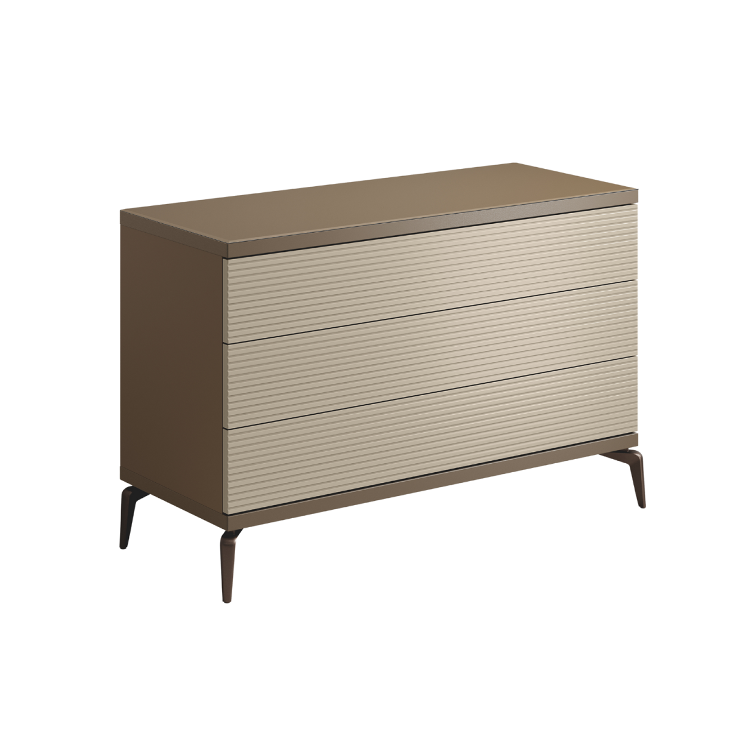 Komoda Linea z płyty meblowej na brązowych metalowych nogach, 3 szuflady, nowoczesny styl