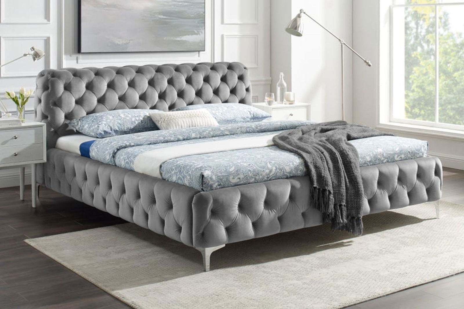 ŁÓŻKO MODERN BAROCK SZARY AKSAMIT / 41439 / INVICTA INTERIOR
